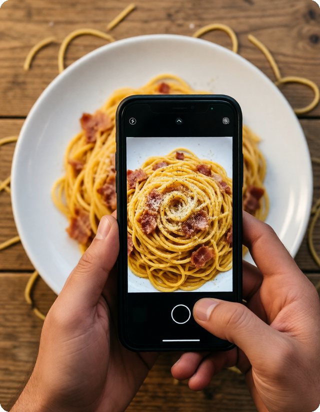 A phone held over a plate of spaghetti carbonara, taking its photo for the food scanner